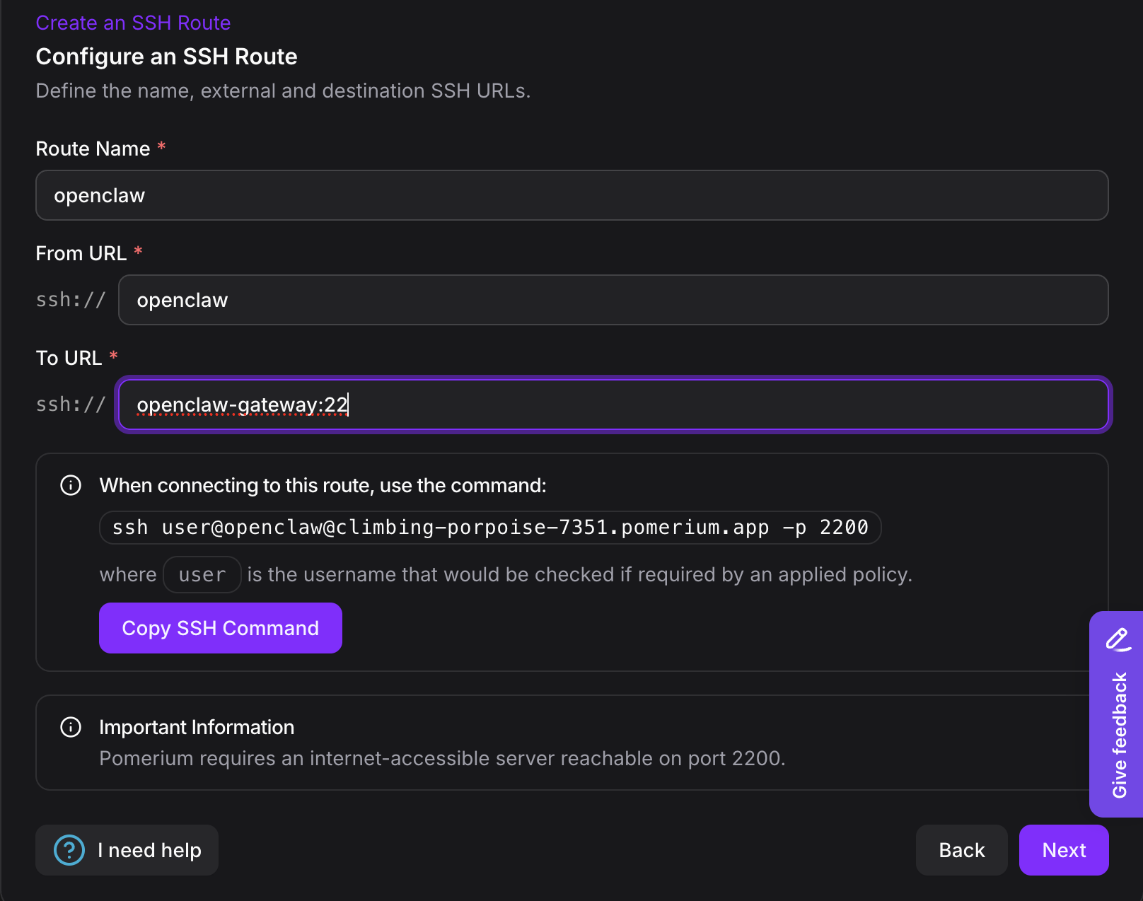 Configuring From and To URLs for SSH route
