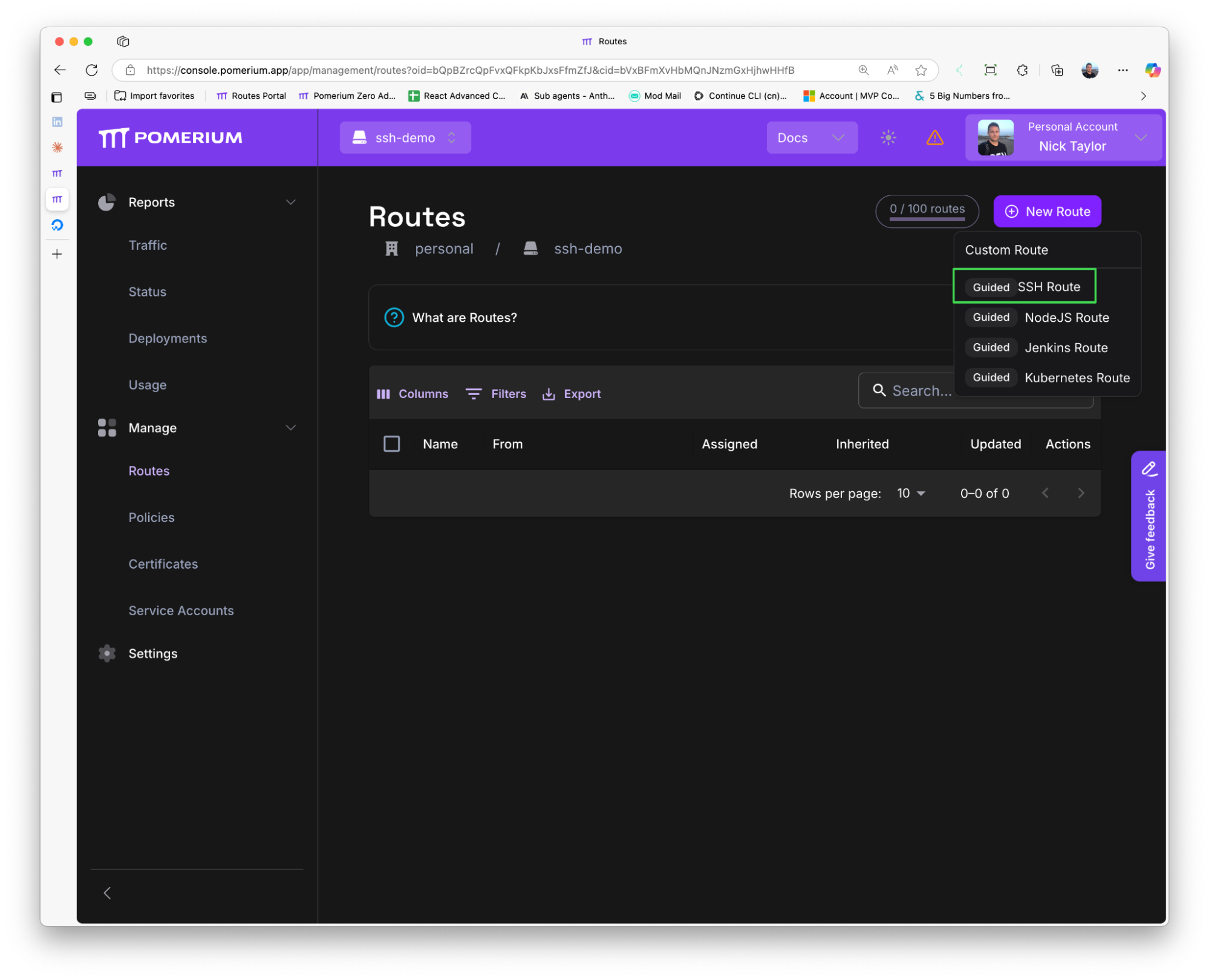 Routes management page in Pomerium Zero console